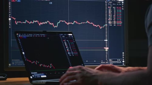 Investor Laptop with a Terminal Graphs and Charts Cryptocurrency Bitcoin USD Global Market Analysis