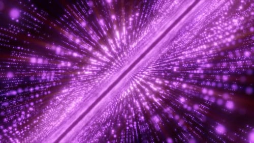Abstract purple energy hi-tech lines and digital particles fly in a tunnel with bokeh