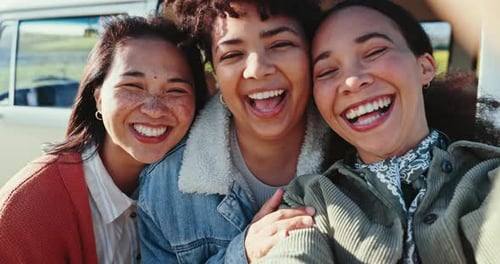 Happy, road trip and friends smile for selfie, portrait or peace on adventure in countryside