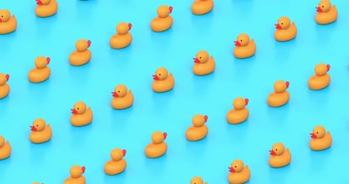 Big Yellow Rubber Ducks Move In Rows Seamlessly In A Diagonal Orthographic View