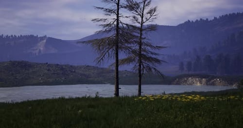 Calm Lake Surrounded By Trees and Mountains Under a Twilight Sky