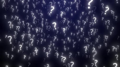 White Glowing Question Mark Flying On Dark Blue Background. Camera Moving Forward Into Question Mark