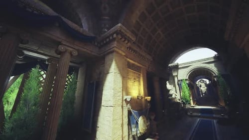 Weathered Corridor of Marble Adorned with Moss and Winding Steps