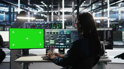 Data Center Technician Using Node Tree Software on Mockup PC to Analyze Datasets