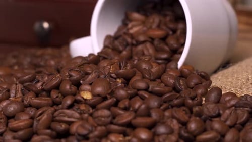 Close up of roasted arabica coffee beans with coffee burlap bag and white coffee cup.