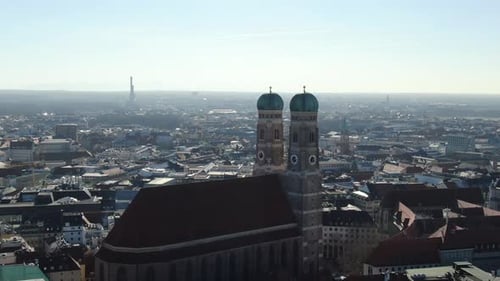 Aerial camera span near the Frauenkirche church in Munich, Germany, 4k