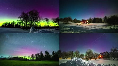 Four split screen time lapse of astrology northern lights in nature scene at night