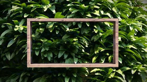 Floating Wooden Frame on Bush Leaves – Side View 3D Animation Background