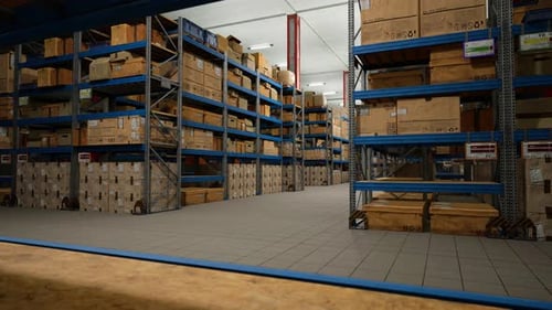 Industrial Warehouse Filled With Storage Boxes Labeled For Shipment