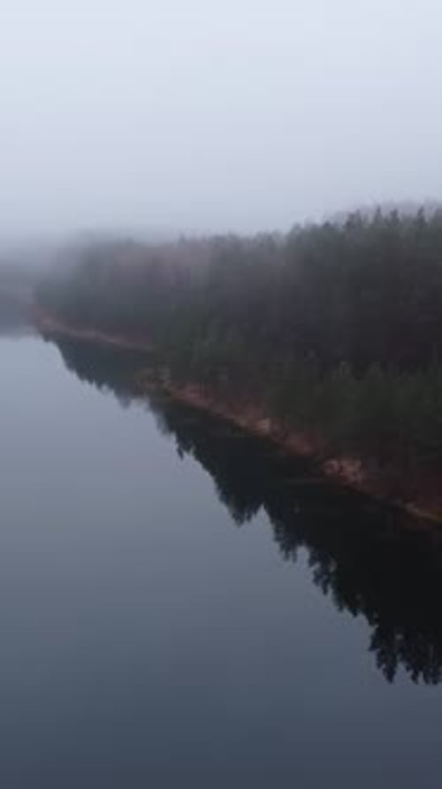 Misty lake surrounded by pine forest. Vertical aerial footage of fog over nordic lake.
