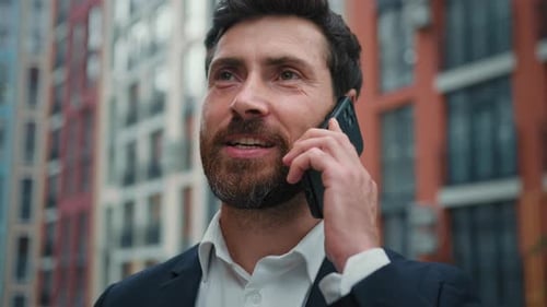 Businessman Happy Caucasian Manager 30s Man Guy Customer Call Mobile Phone Talk By Smartphone Stand