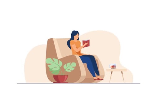 Animated Woman Reading Book in Flat Design Style