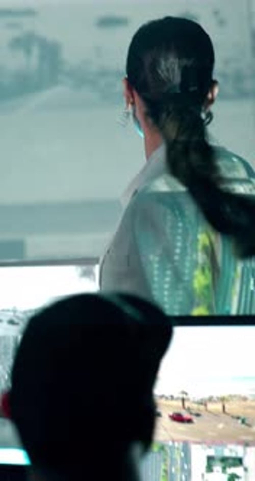 Surveillance, woman or screen in control room for security, watch footage