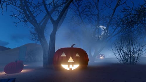 Halloween Dark Forest, Tombstones And Jack O' Lanterns