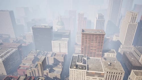 Modern City Flyover Through Hazy Fog 3D Animation