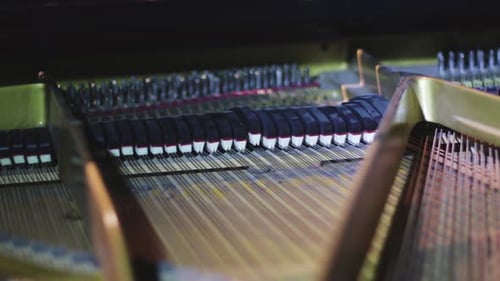 Piano. Piano strings struck by hammers to create sound and melody while playing.