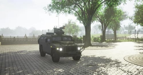 Military Vehicle Patrols a Serene Park Under Soft Morning Light