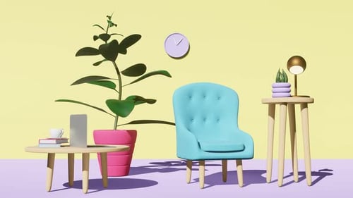 Modern 3D Animated Room Interior with Furniture and Plants