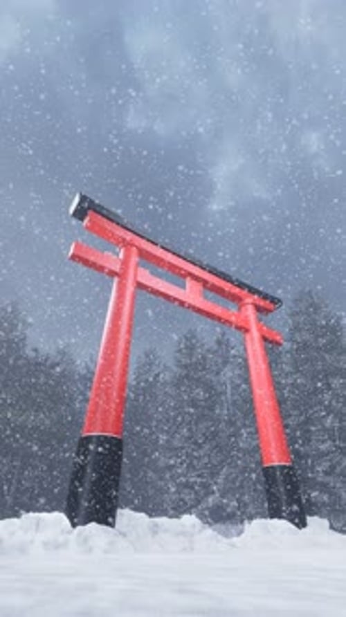 Japanese torii gate against the backdrop of the sky with snow falling. 3d render