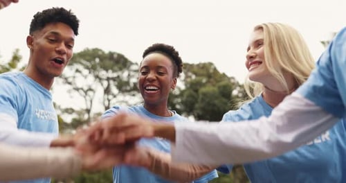 Circle, park and volunteer people with hands together for team, solidarity and support