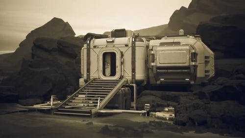 Colonist Base on a Distant Planet Surrounded By Rocky Terrain at Dusk
