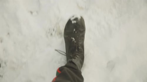 Point Of View Of Person Walking On Snow Covered Ground. POV