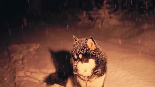 Adorable Alaskan Malamute Outside On A Snowy Winter Evening. Close up