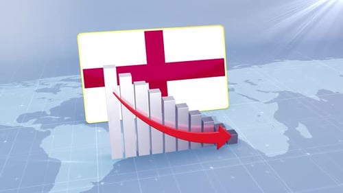 England Flag With Decrease Bar Chart Graph And Arrow Red