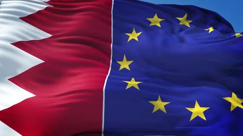 Bahrain and European Union Flags Waving International Relations Seamless Loop