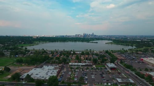 Summer at Sloans Lake Park downtown Denver spring Colorado aerial drone Edgewater Marketplace static