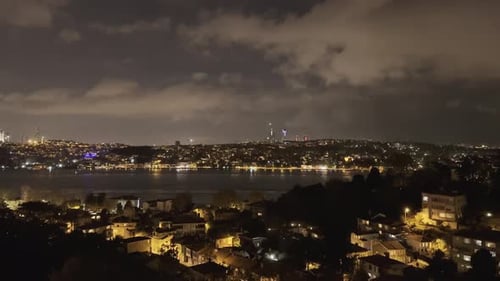 ships, ferries, lights, islands, bridges, waves on the Bosphorus and in the sea in Istanbul at night