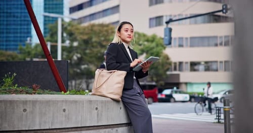 Woman, tablet and city worker for thinking in Japan, urban inspiration and plan for development
