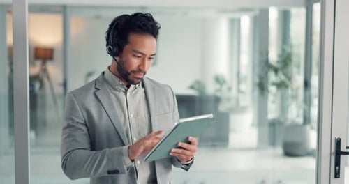 Man, consultant and tablet with headset for online sale, telemarketing or business in office