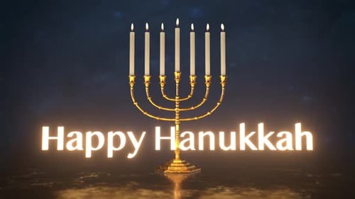 Animación de Happy Hanukkah: menorá resplandeciente con luces festivas