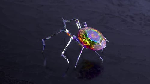 A Crystal Spider with a Large Diamond on Its Back Strides Across a Dark Gray Uneven Surface