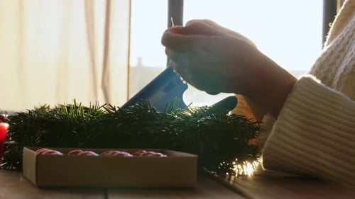 Winter Holidays, Diy and Hobby Concept - Close Up of Woman With