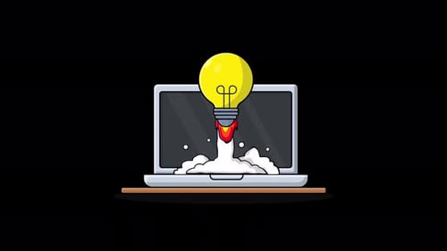 Animierter Laptop mit Glühbirne. Konzeptvideo zur Vorstellung einer Geschäftsidee — Transparent