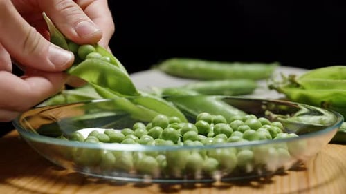 Cleaning ripe green peas from the pods, separating them into a plate.