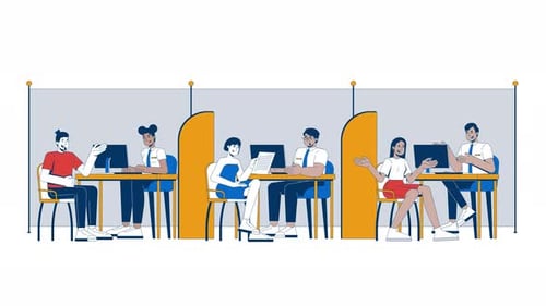 Bank officers assisting customers at consultation desks cartoon animation