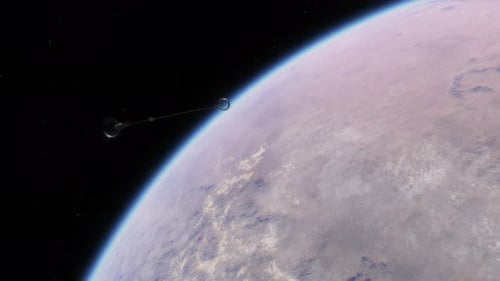 Raumschiff oder Raumstation fliegt über die Atmosphäre eines Exoplaneten in einem anderen Sonnensystem