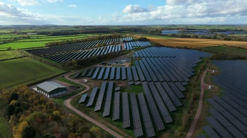Drone view of renewable solar power infrastructure supporting sustainable electricity production