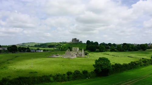 Drone shot approaching an abandoned castle in Europe.