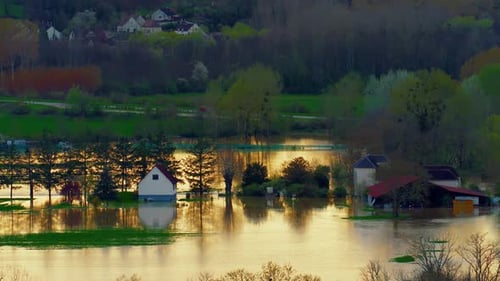 Aerial View the Flooded Houses and the City The Houses are Flooded with Dirty Water of the Flooded