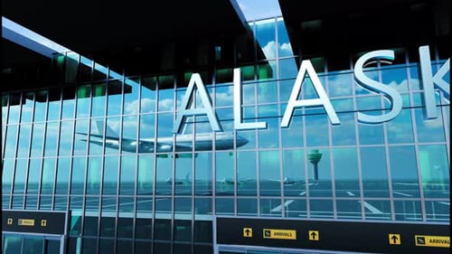 Airlane Landing at Alaska Arrival in the City with Reflection of Airport and Aircraft