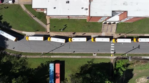 Aerial top down shot showing row of traditional american school buses in row. Sunny in american