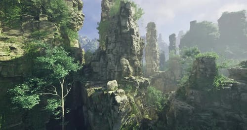 Natural Rock Formations Surrounded By Lush Greenery in a Serene Landscape