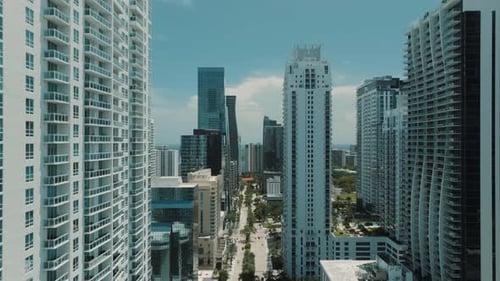 Aerial View, Miami USA Downtown, Brickell Key, Upscale Condominium Buildings and Parks on Sunny Day