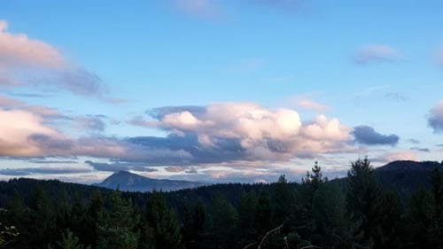 Time Lapse of Moving Clouds Over Evergreen Forest and Mountain Hills in Calm Evening Atmosphere