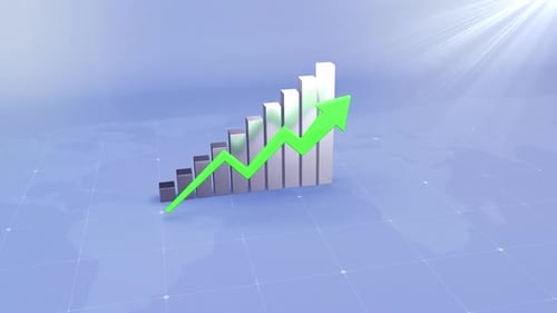 3D Bar Graph with Rising Green Arrow Showing Increasing Values