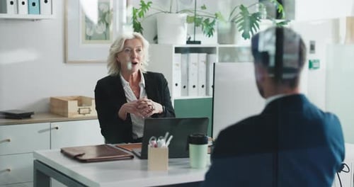 Back, business and people in office with meeting, conversation and discussion in job interview